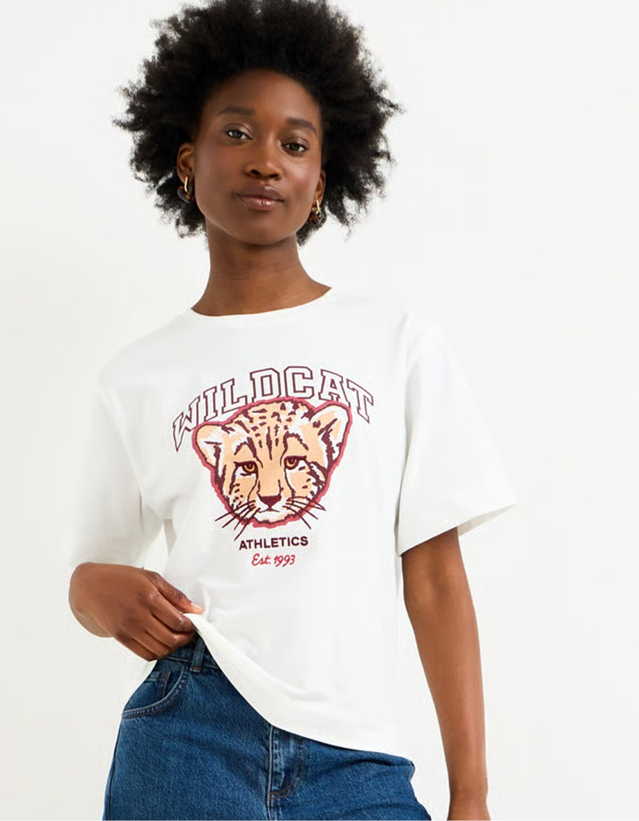 Ivory Wild Cat Cotton Graphic T-Shirt