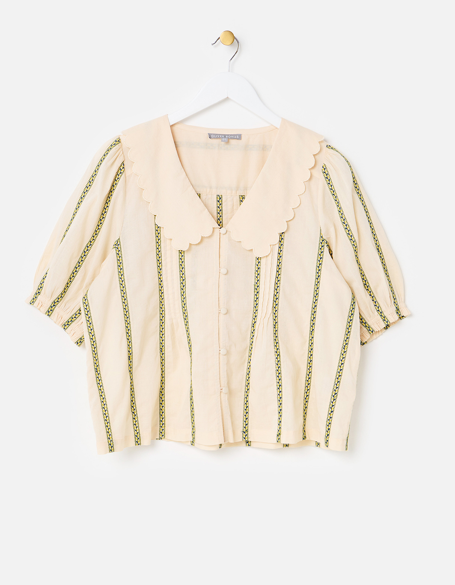 Cream Embroidered Striped Scalloped Collar Blouse