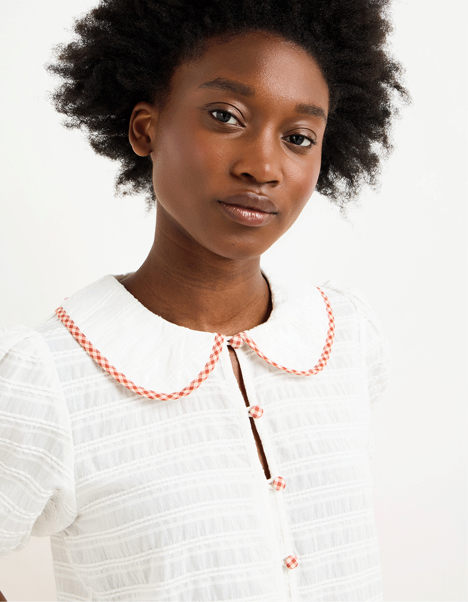 White Textured Gingham Collar Cotton Peplum Blouse