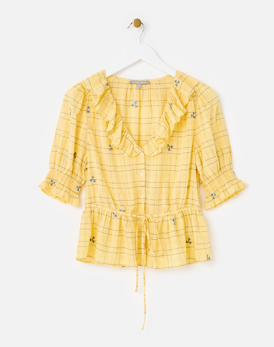 Yellow Floral Check Tie Waist Blouse
