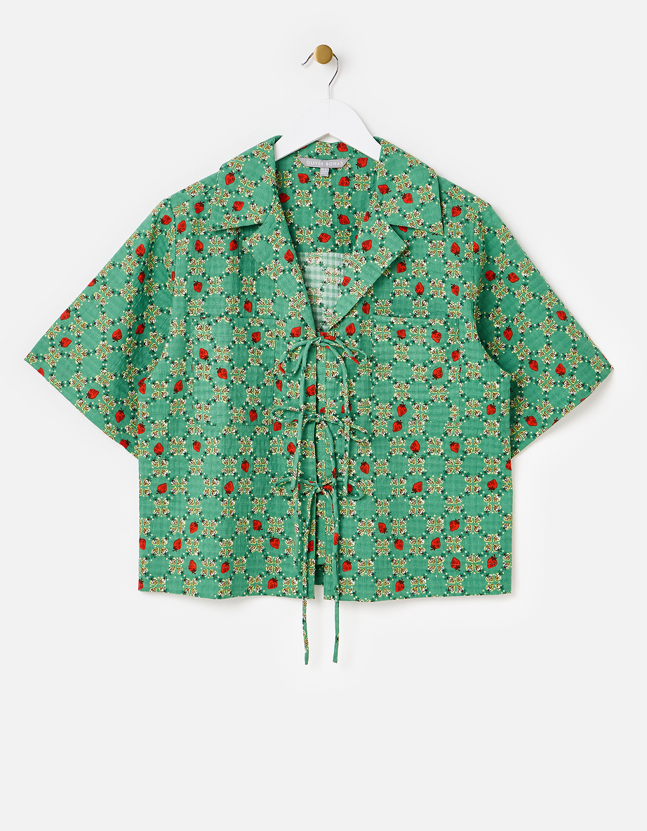 Green Strawberry V-Neck Tie Front Blouse