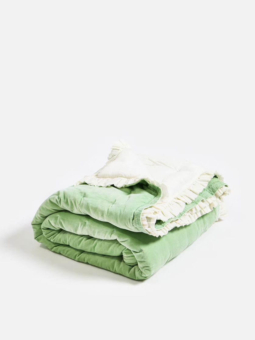 Green Velvet Ruffle Trim Bedspread