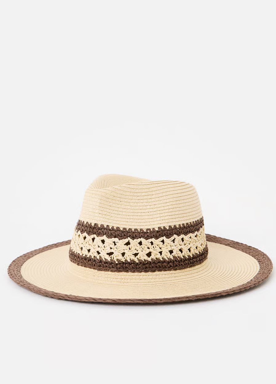 Cream & Brown Open Weave Fedora Hat