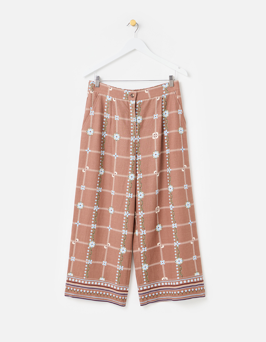 Brown Floral Print Cropped Wide Leg Trousers