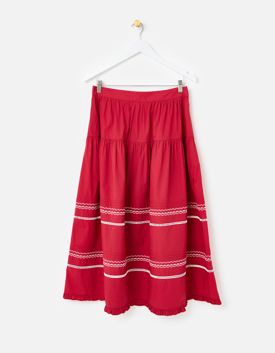 Red Embroidered Cotton Tiered Midi Skirt