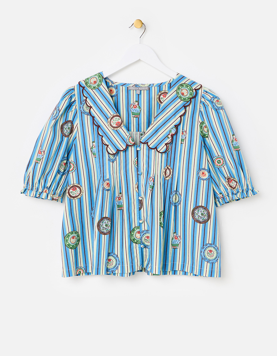 Blue Striped Plate Print Scalloped Collar Blouse