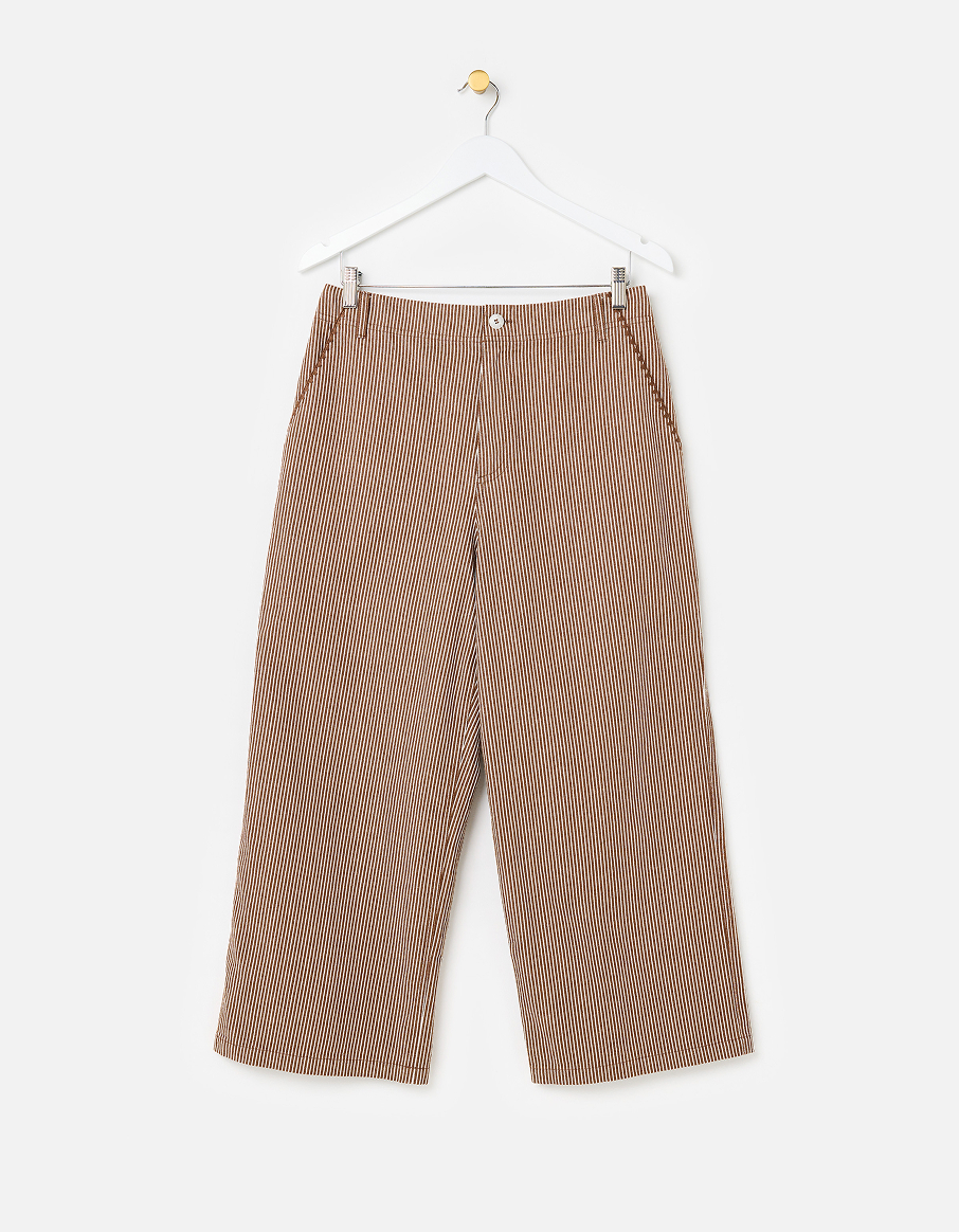 Brown & Ecru Striped Embroidered Pocket Cropped Wide Leg Jeans