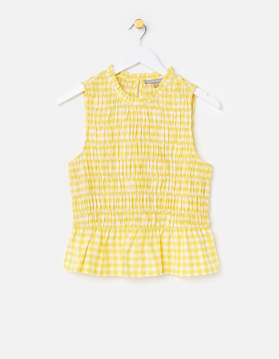 Yellow Gingham Shirred Sleeveles Top