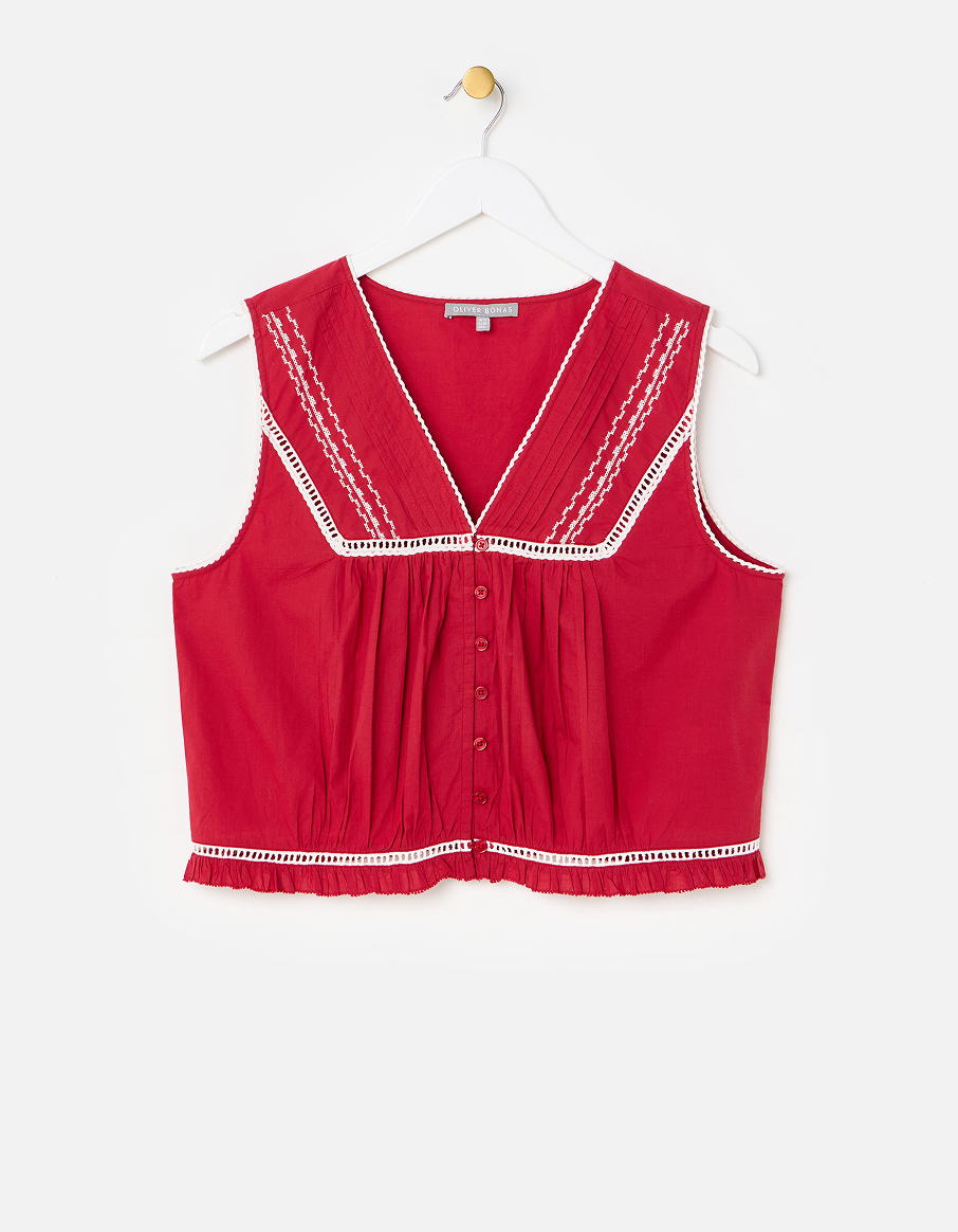 Red Embroidered Button Up Cotton Vest Top