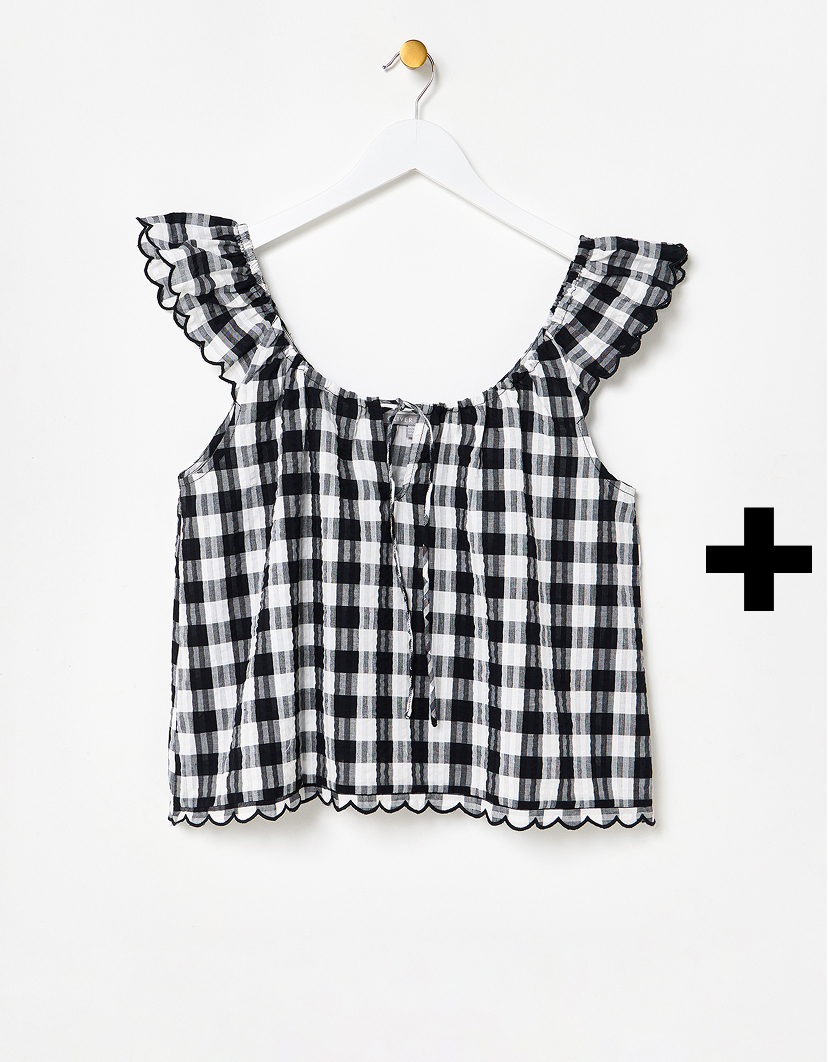 Black Gingham Scalloped Frill Blouse