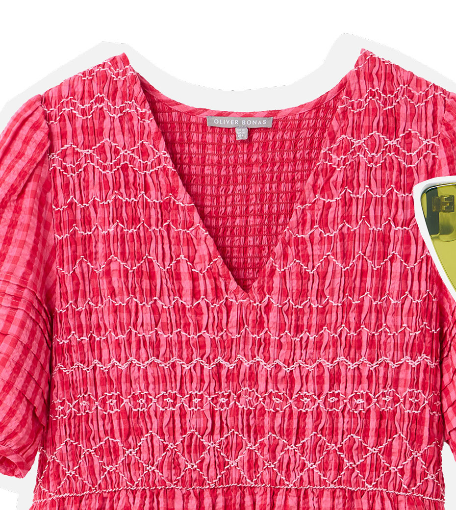 Pink Gingham Shirred Bodice Puff Sleeve Midi Dress