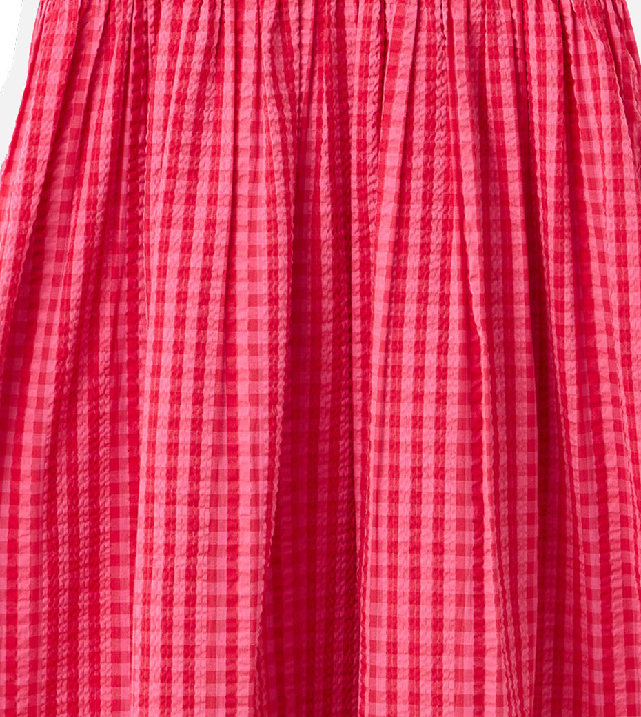 Pink Gingham Shirred Bodice Puff Sleeve Midi Dress