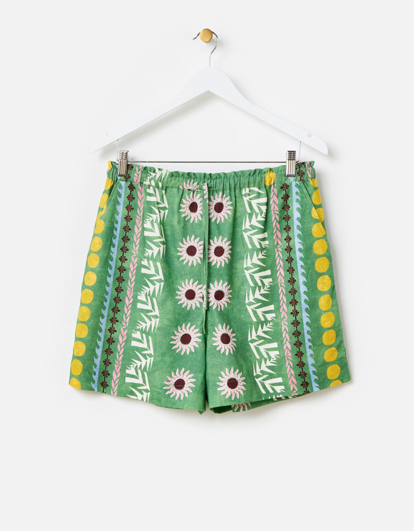Green Sun Print Tie Waist Shorts