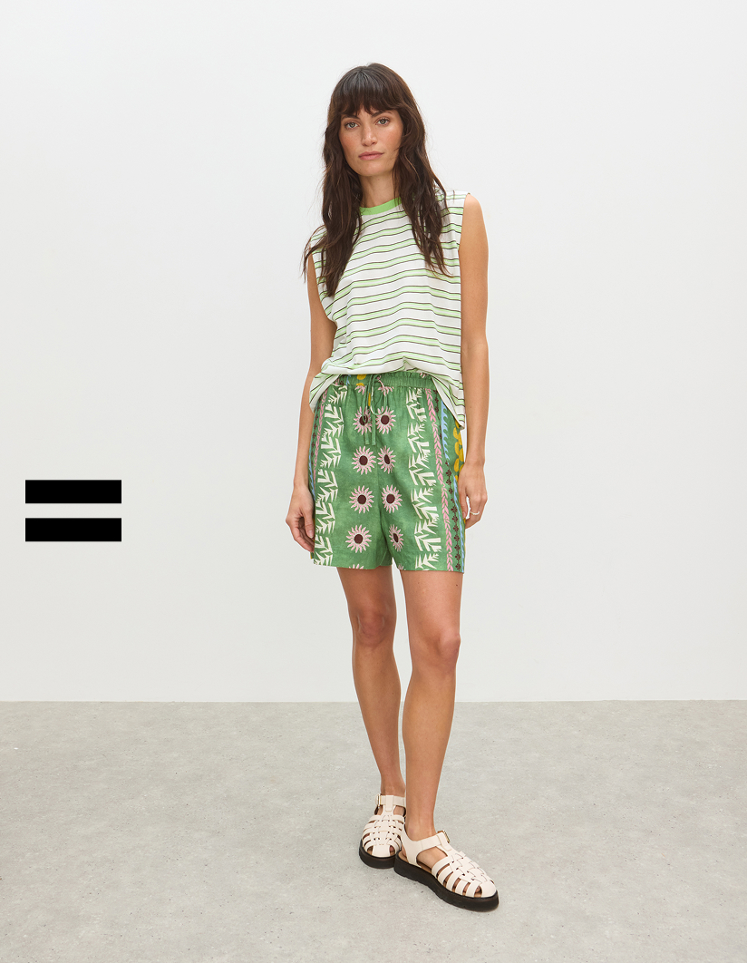 Green Sun Print Tie Waist Shorts