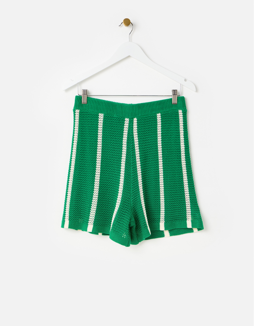 Green & White Striped Open Knit Shorts