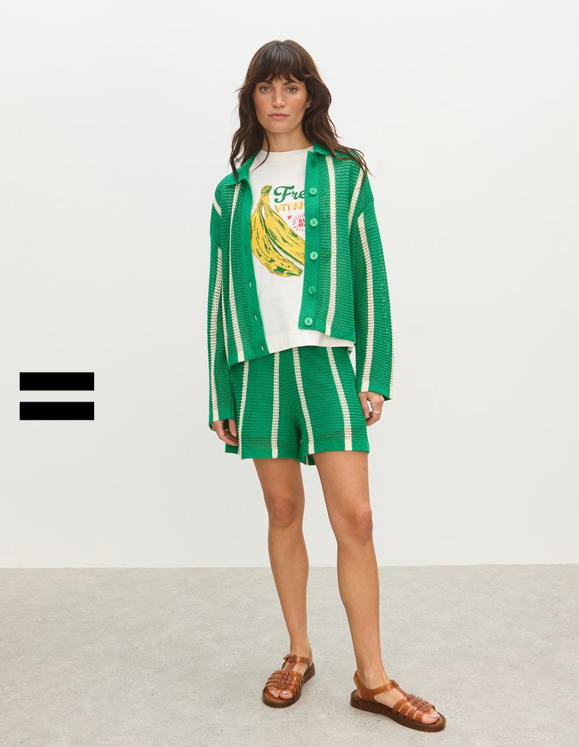 Green & White Striped Open Knit Shirt