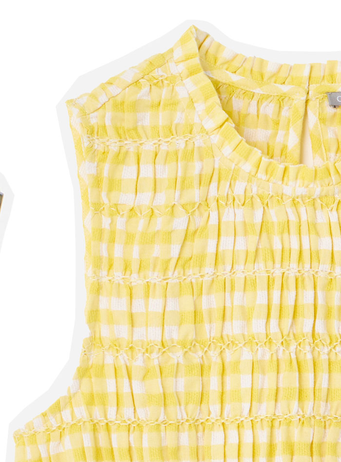 Yellow Gingham Shirred Sleeveles Top