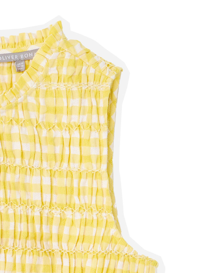 Yellow Gingham Shirred Sleeveles Top