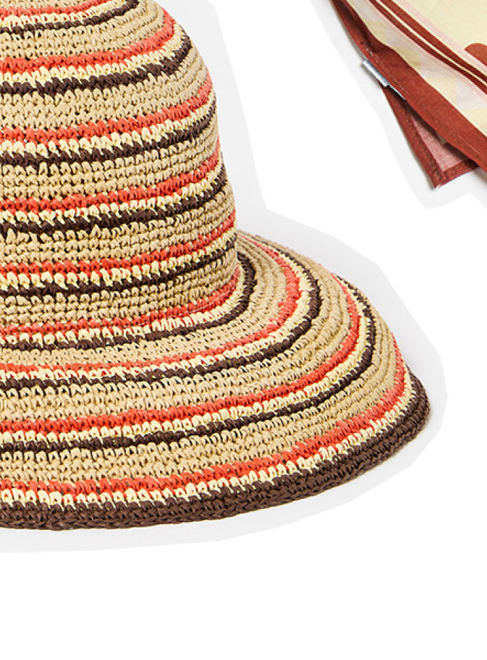 Brown & Red Striped Straw Bucket Hat