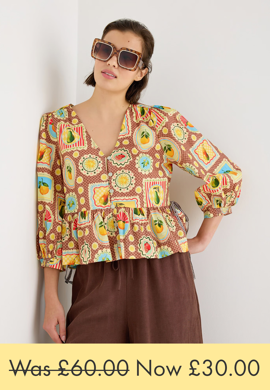 Brown Postcard Print V-Neck Button Up Blouse
