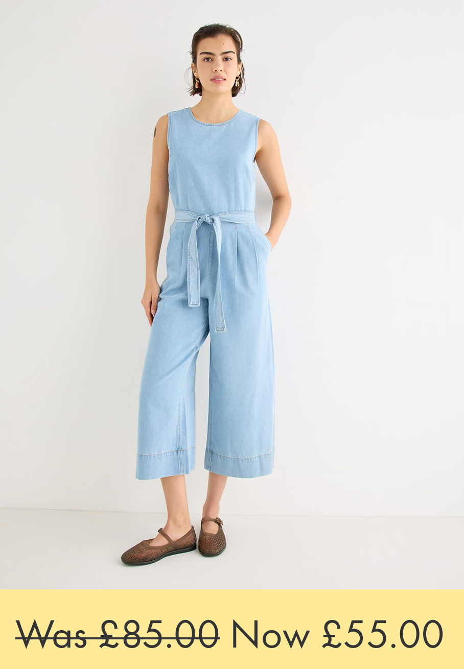 Light Blue Chambray Sleeveless Tie Waist Jumpsuit