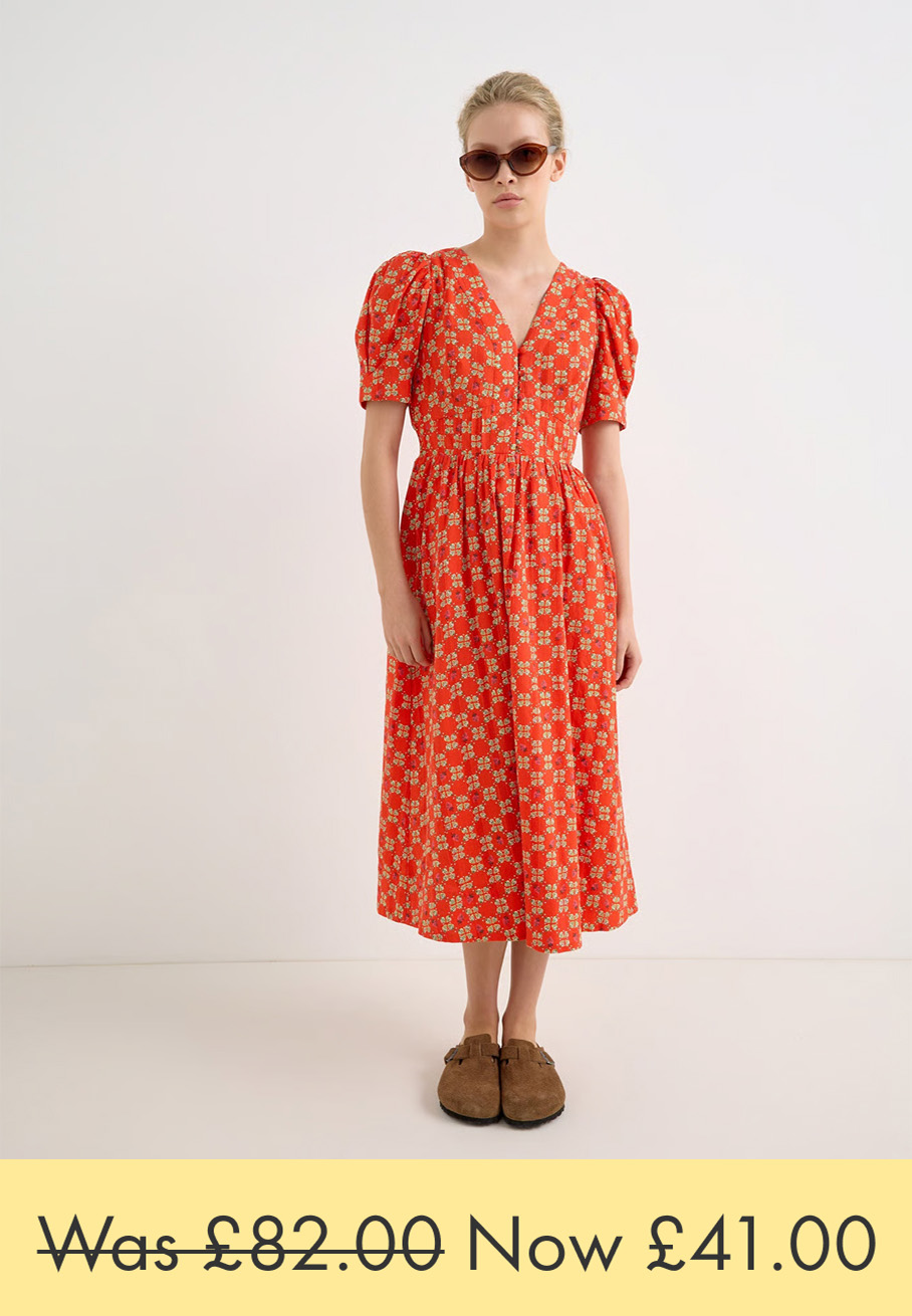 Red Strawberry V-Neck Puff Sleeve Midi Dress
