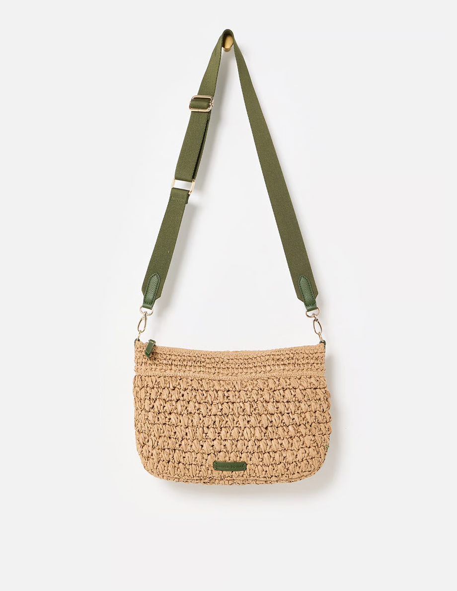 Paddie Brown Straw Weave Crossbody Bag Large