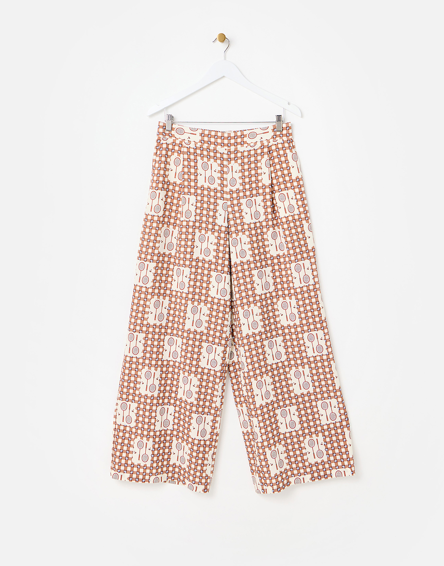 Brown Gingham Badminton Print Cropped Wide Leg Trousers