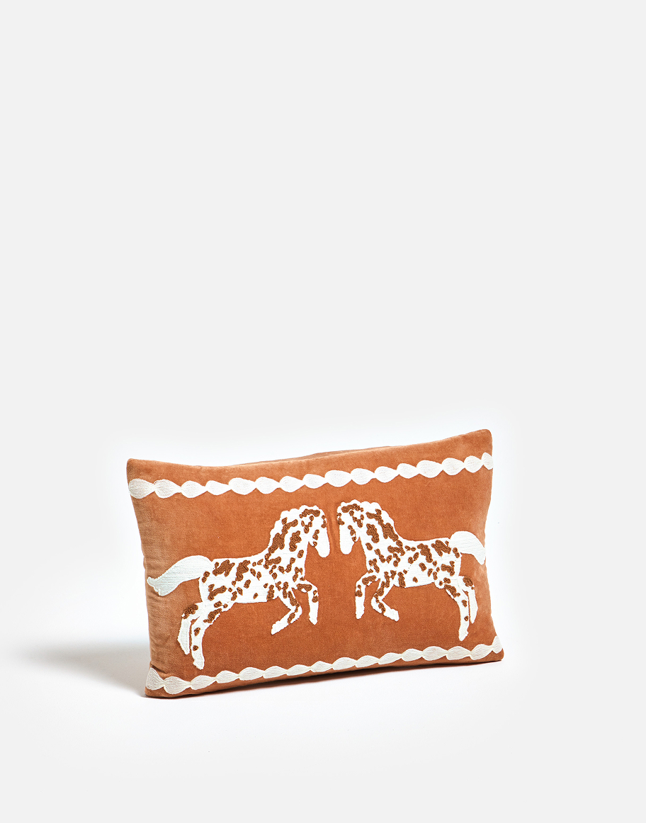 Brown & Cream Embroidered Horse Velvet Cushion Cover 30x50cm