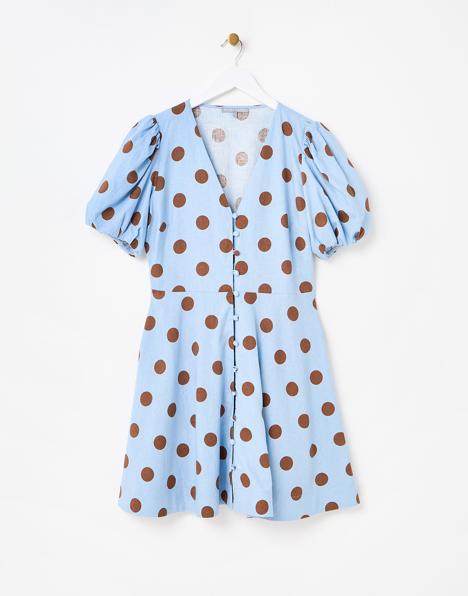 Light Blue & Brown Polka Dot Linen Blend Mini Dress