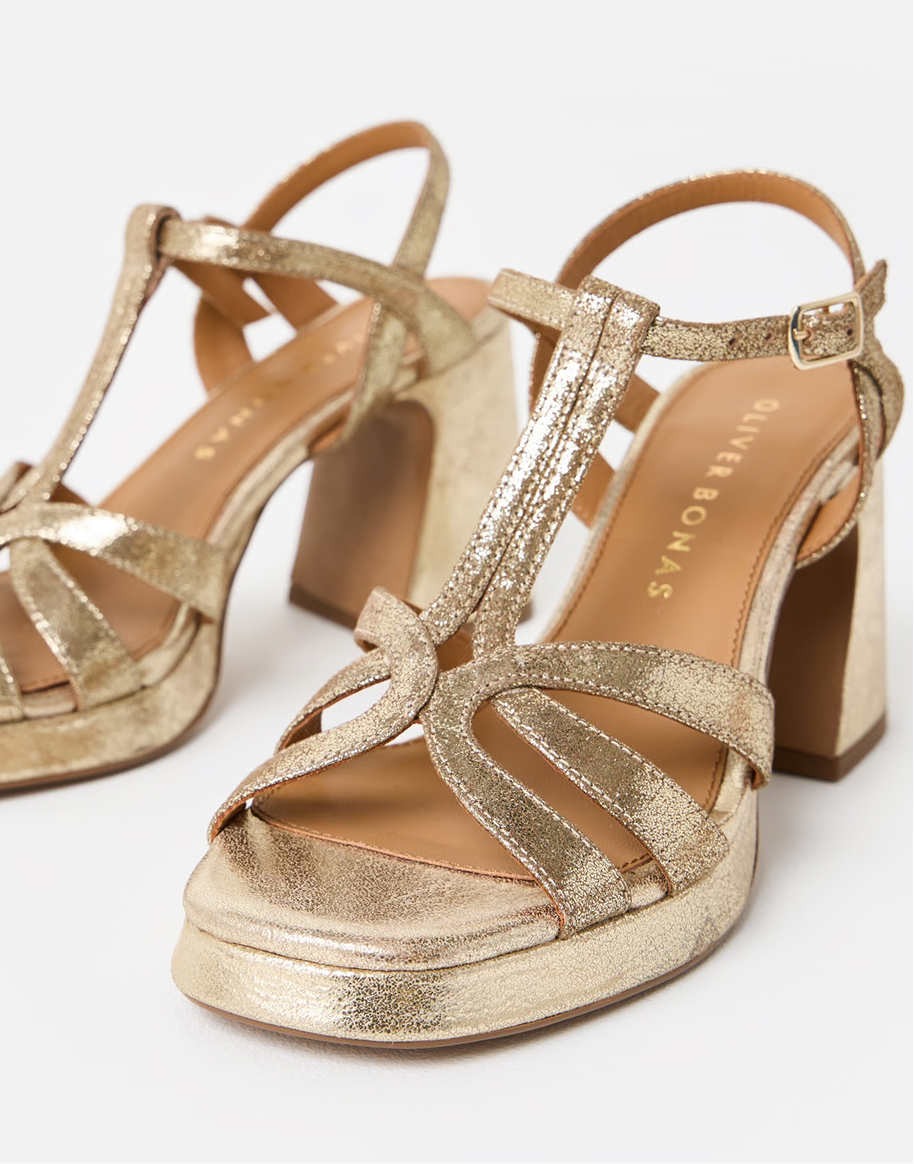 Gold Metallic Leather Platform Heeled Sandals