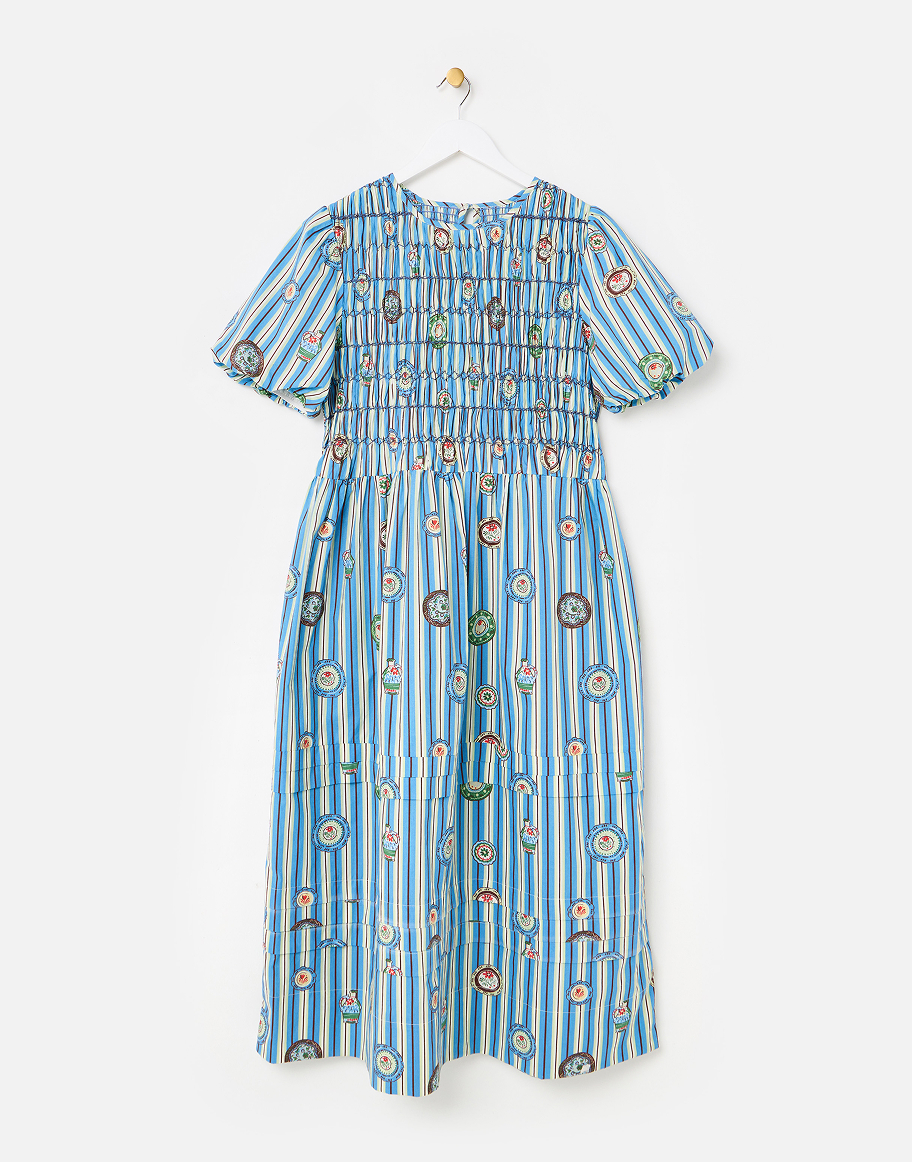 Blue Striped Plate Print Shirred Bodice Midi Dress