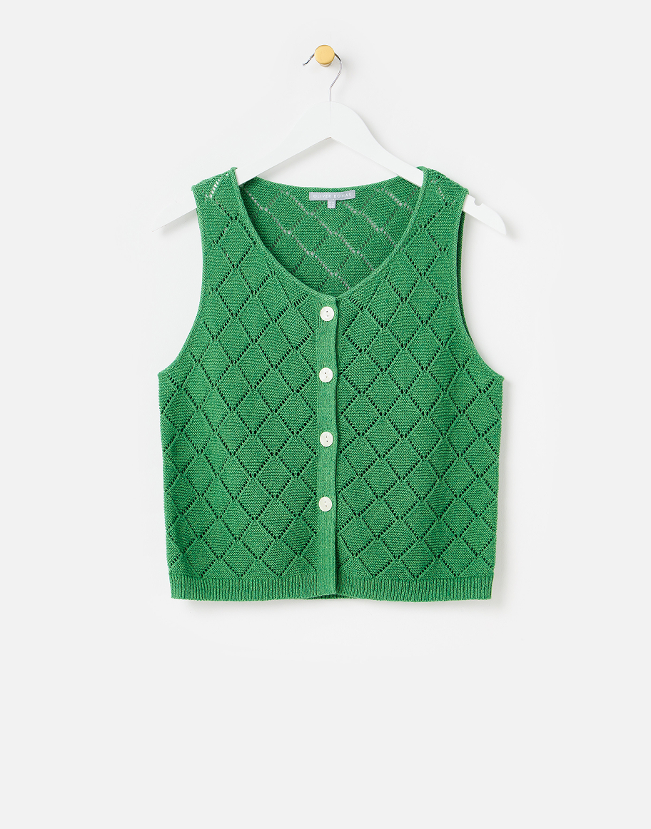 Green Diamond Stitch Button Up Knitted Vest