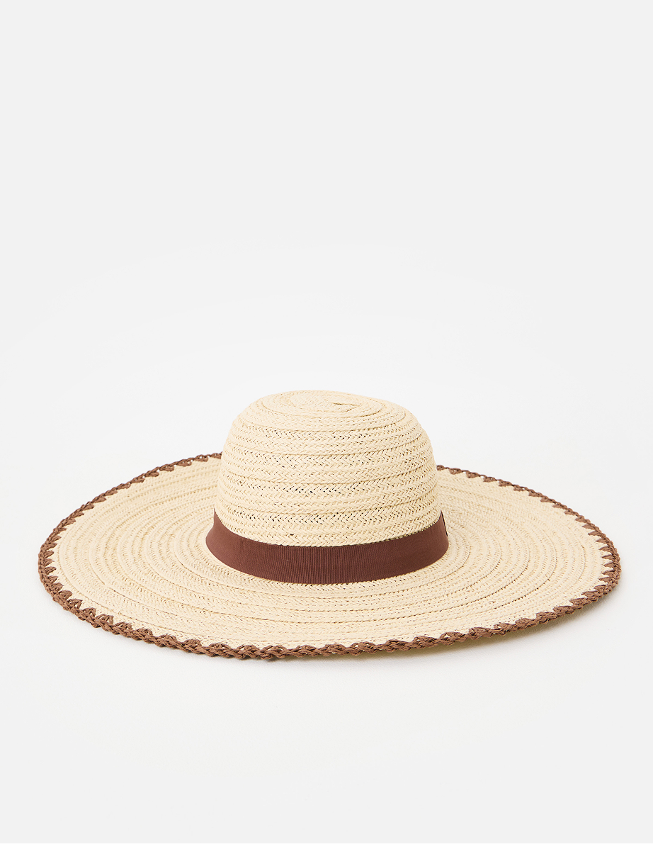 Natural & Brown Whipstitch Edge Floppy Straw Hat