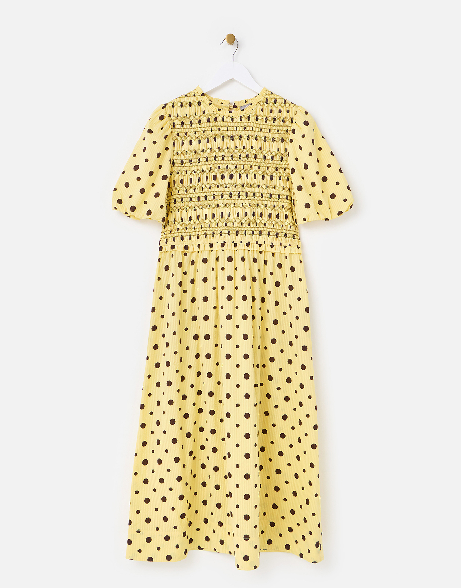 Butter Yellow & Brown Polka Dot Shirred Bodice Midi Dress
