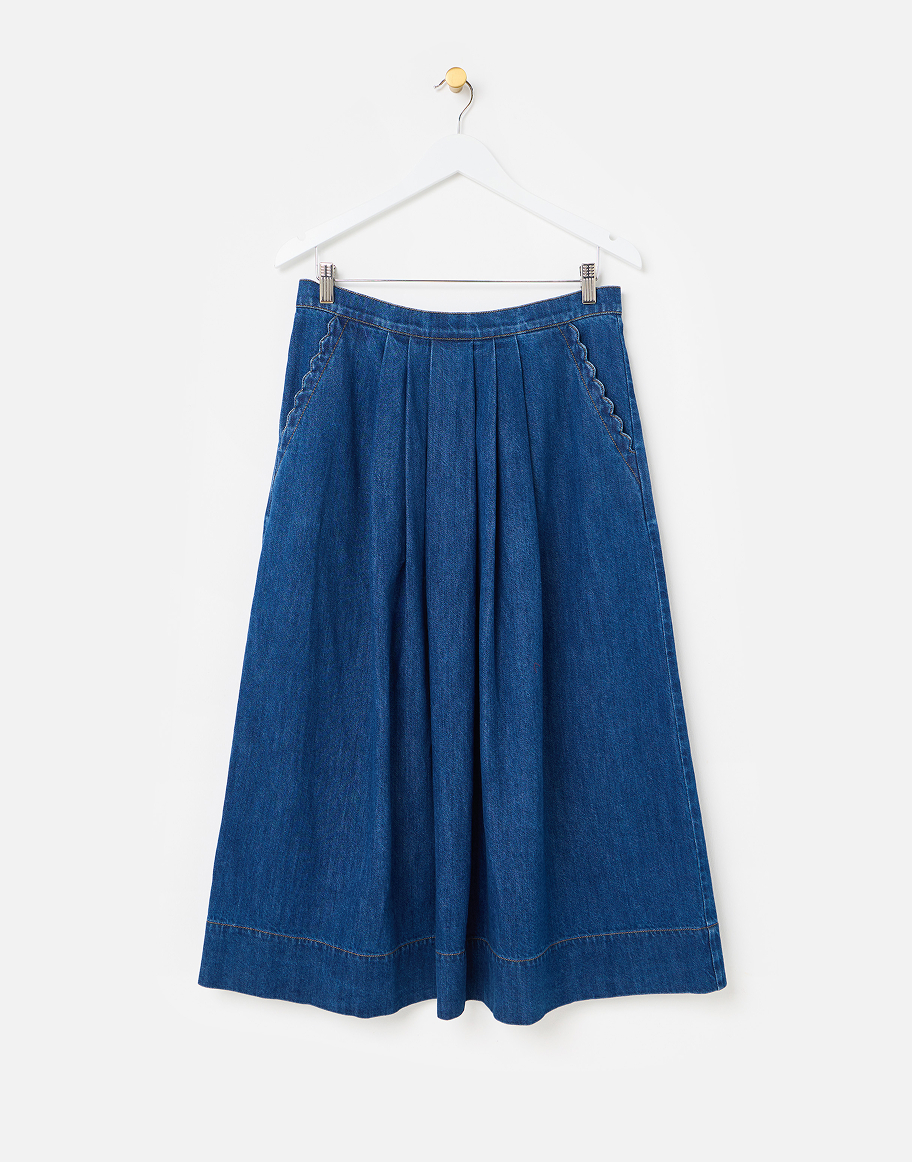 Mid Blue Scalloped Pocket Denim Midi Skirt