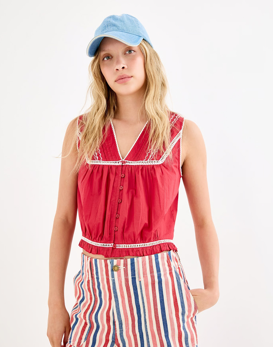 Red Embroidered Button Up Cotton Vest Top