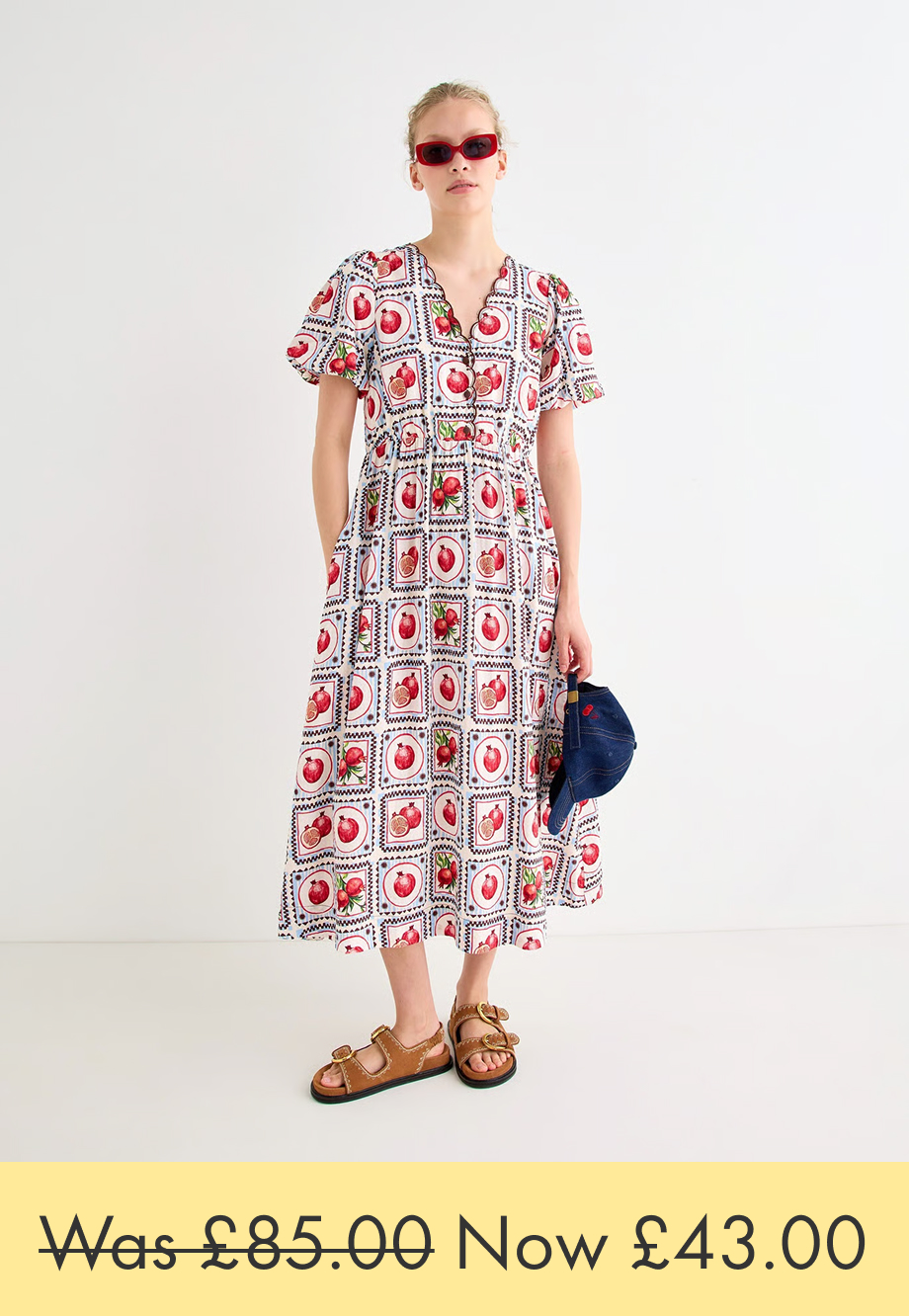 Pomegranate Print V-Neck Puff Sleeve Midi Dress