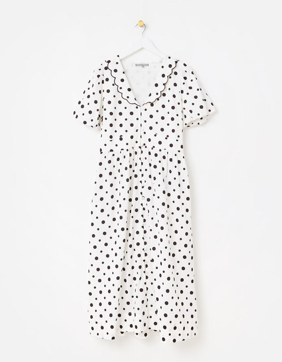 White & Brown Polka Dot Scallop Collar Cotton Midi Dress