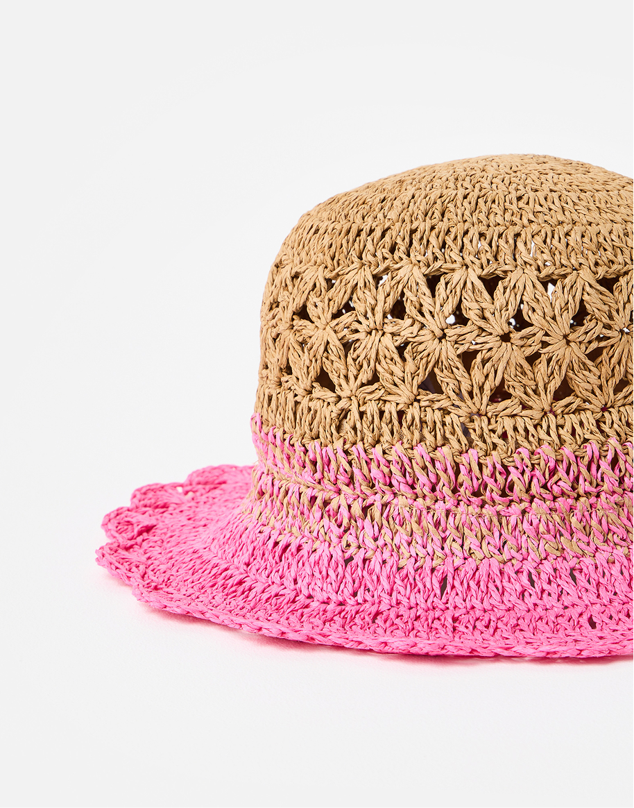 Natural & Pink Ombre Scalloped Edge Straw Bucket Hat