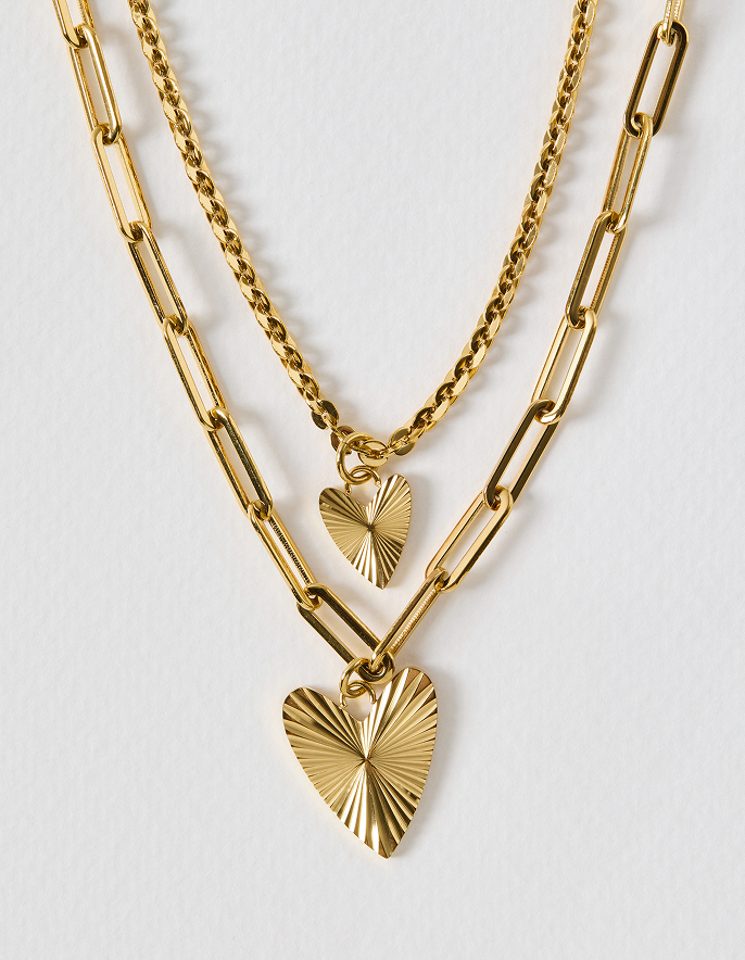 Melony Gold Tone Waterproof Double Row Etched Heart Pendant Necklace