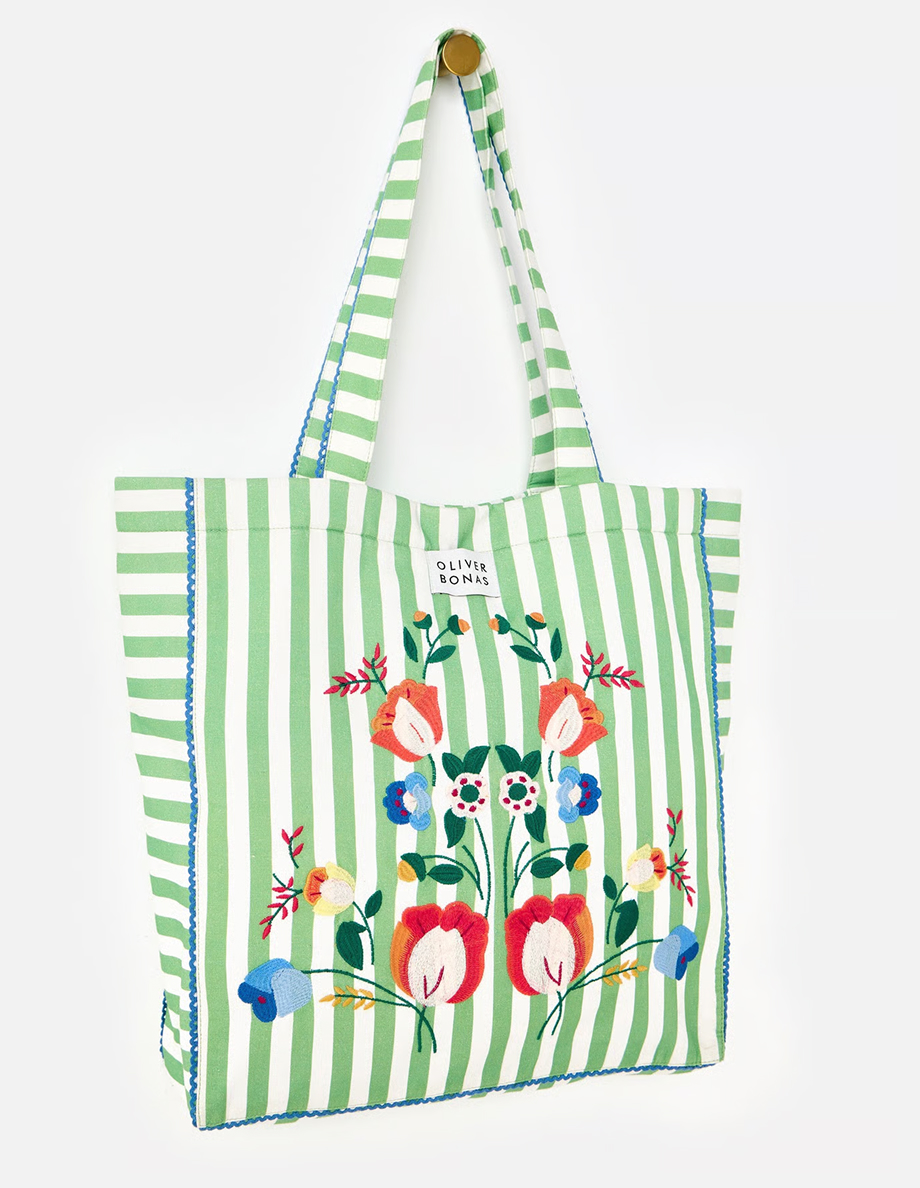 Green & White Striped Floral Embroidered Tote Shopper Bag