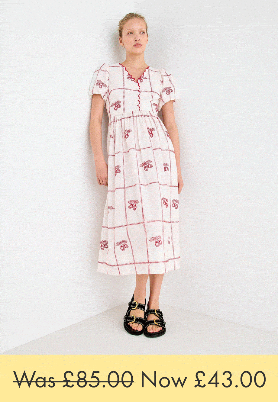 White & Red Strawberry Embroidered V-Neck Midi Dress