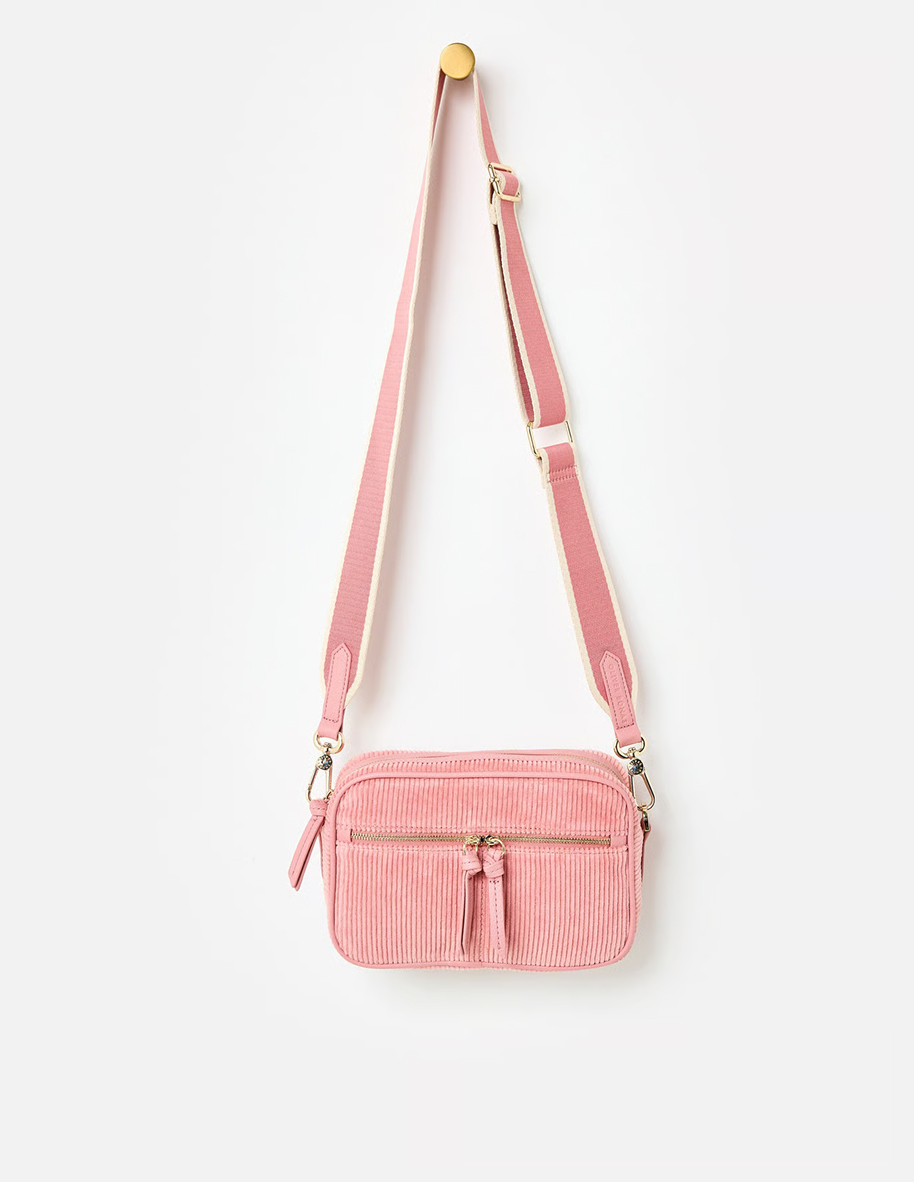 Nora Pink Corduroy Zip Front Crossbody Bag