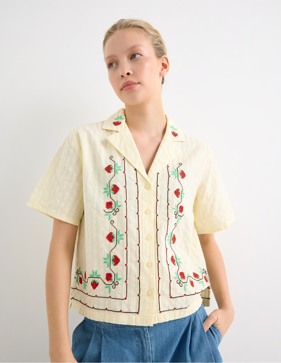 Butter Yellow Strawberry Embroidered Short Sleeve Shirt