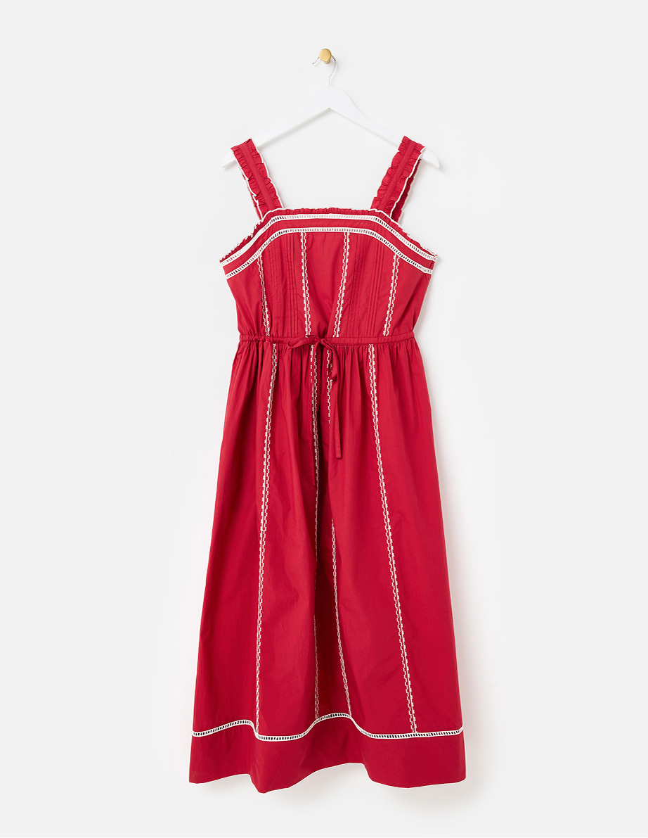 Red Embroidered Tie Waist Strappy Midi Dress