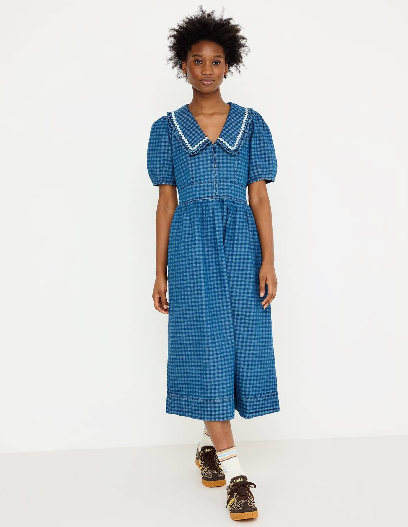 Blue Denim Gingham Collar Midi Dress