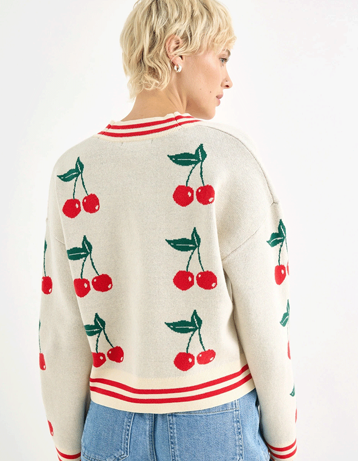 Cream Cherry V-Neck Knitted Cardigan