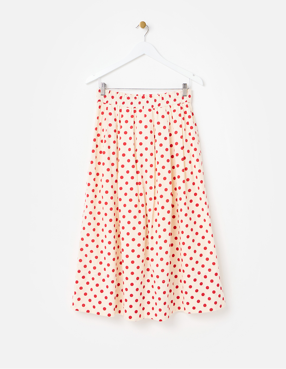 Cream & Red Polka Dot Elasticated Waist Midi Skirt