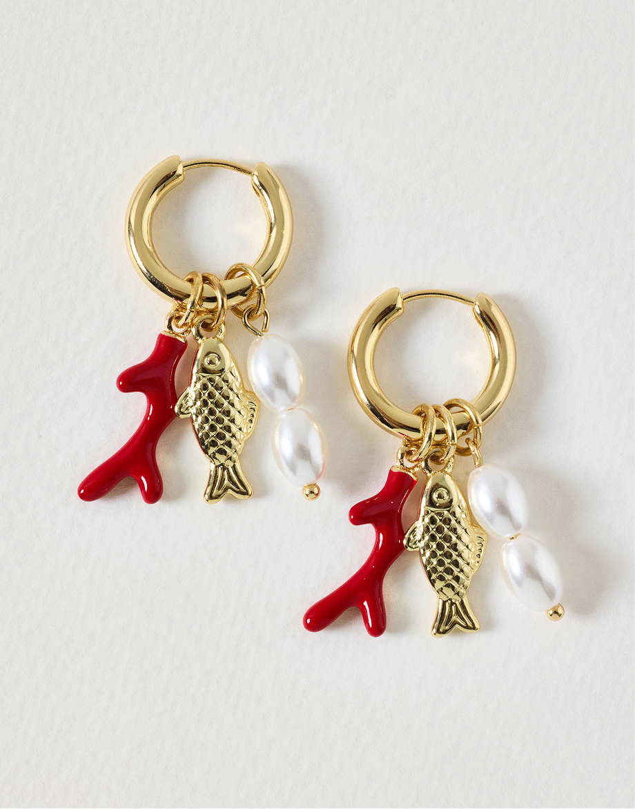 Fish, Coral & Faux Pearl Charm Drop Hoop Earrings